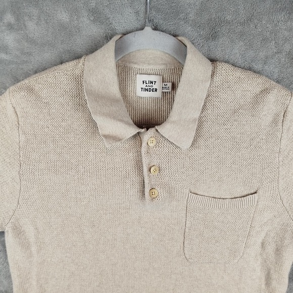 Flint and Tinder Polo Shirt Mens M Beige Knit Short Sleeve Pocket Huckeberry - Picture 5 of 11